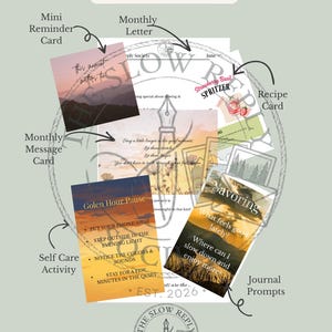 May include: A collection of paper stationery titled Junes Mailing, including a monthly letter, a recipe card for Strawberry Basil Spritzer, a mini reminder card, a monthly message card, a self-care activity card, and a journal prompt card.