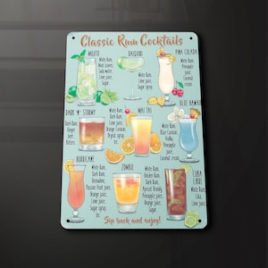 Puede incluir: Un letrero de metal de estilo vintage con fondo azul y letras blancas. El letrero enumera cócteles clásicos de ron con sus ingredientes. Cada cóctel está ilustrado con una imagen de dibujos animados colorida de la bebida.