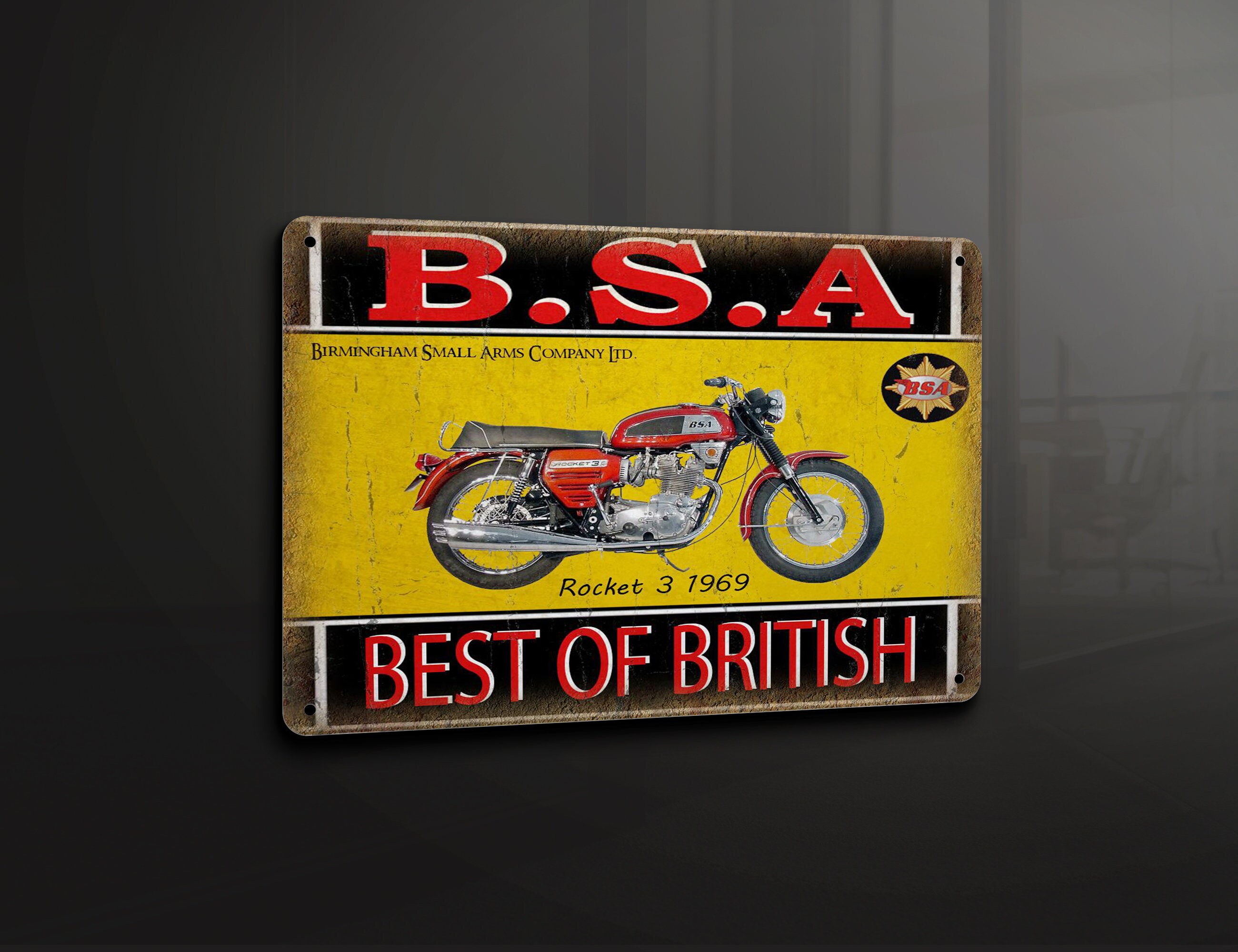 BSA Motorrad Rocket 3 British - Metallschild Metallplakette Wandkunst Dekor Beschilderung