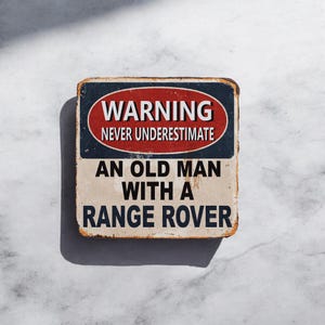 May include: A warning sign with a red, white and blue colour scheme. The sign reads "Warning Never Underestimate An Old Man With A Range Rover".