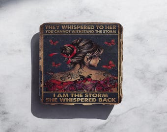 Whispered to the storm and the storm Back Inspirational Female - Printed Slate Coaster Tableware Gift Drink Rustic Square