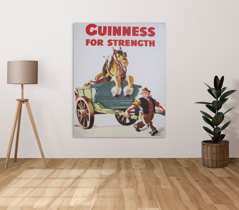 May include: Vintage Guinness advert featuring a horse pulling a cart with a man in a straw hat. The text reads "Guinness for Strength".