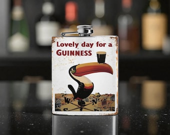 Retro Guinness Toucan 6oz Flask – Lovely Day for a Guinness Design – Stainless Steel Hip Flask, Gift for Him, Irish Gift Idea