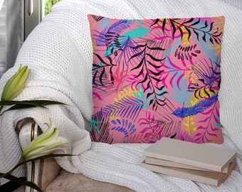Pink Leaves - Bright Colourful Super Soft  Decorative Pillow Throw Cushion, Case Cover or with Filling Luxury velvet