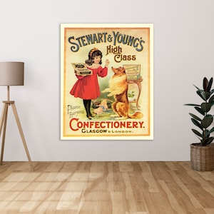 Puede incluir: Anuncio vintage para Stewart & Young's High Class Confectionery en Glasgow & Londres. Una niña con un vestido rojo ofrece una caja de chocolates a un perro.
