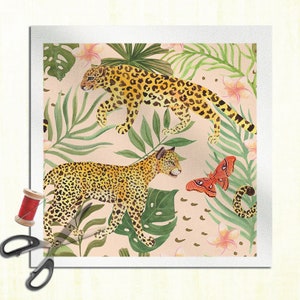 Leopard pattern jungle green leaves  - Cushion Panel Upholstery Cotton Or Velvet Fabric Craft Panel, Sewing Quilting