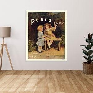 Puede incluir: Anuncio vintage de jabón Pears' con dos niños en un entorno de jardín. El texto dice "Pears' Soap" y "Matchless for the Complexion".