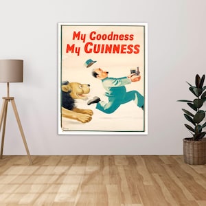 Puede incluir: Un anuncio vintage de Guinness con un hombre corriendo de un león. El texto dice "My Goodness My GUINNESS".