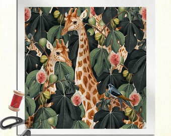 Giraffe Bird Fig Jungle Rain forest Tropical Leaves - Cushion Panel Upholstery Cotton Or Velvet Fabric Craft Panel, Sewing Quilting