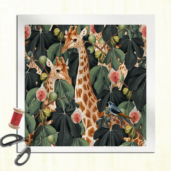 Girafe Oiseau Figuier Jungle Forêt tropicale Feuilles tropicales - Panneau de coussin Rembourrage Tissu de coton ou de velours Panneau d’artisanat, coudre Courtepointe