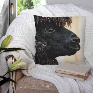Puede incluir: Un alpaca negro con un pelaje esponjoso y una expresión suave y gentil. La cabeza del alpaca está girada hacia un lado, y su ojo es visible. El fondo es de color beige claro.