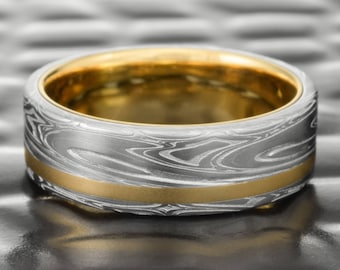 Damascus Steel Men's Band with 18K Yellow Gold Inlay & Liner. Premium Handmade Ring  |  SWIRLING CURRENT