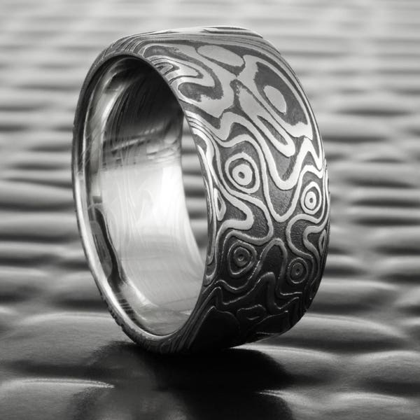 Damascus Steel Flat Men's Band with Fire Oxide Finish. Bold Masculine Handmade Wedding Ring  |  STAR