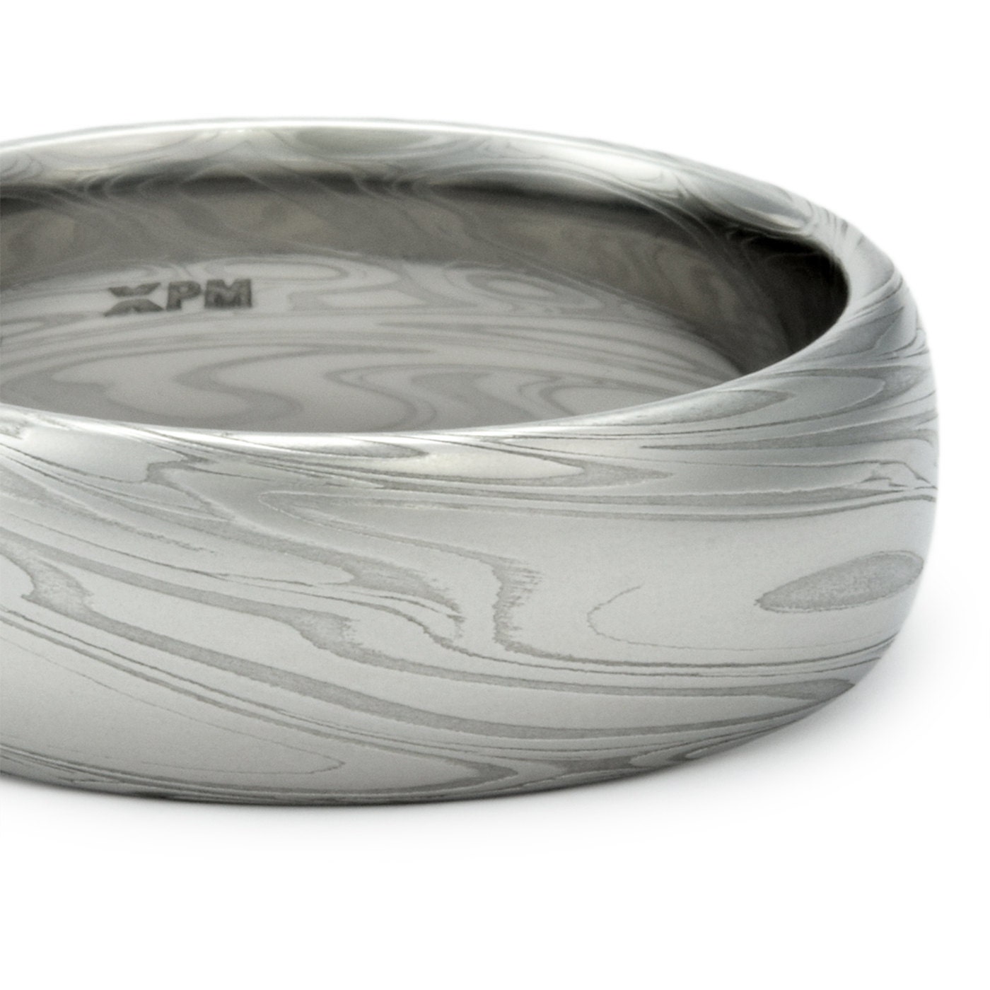 Unique Domed Damascus Steel Wedding Band for Men. Hand Forged Stainless Steel Mokume Gane with Swirling Pattern  |  SWIRLING CURRENT
