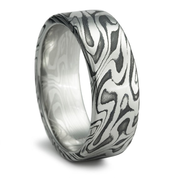 Flat Damascus Steel Ring with Offset 14K Rose Gold Inlay and Oxide