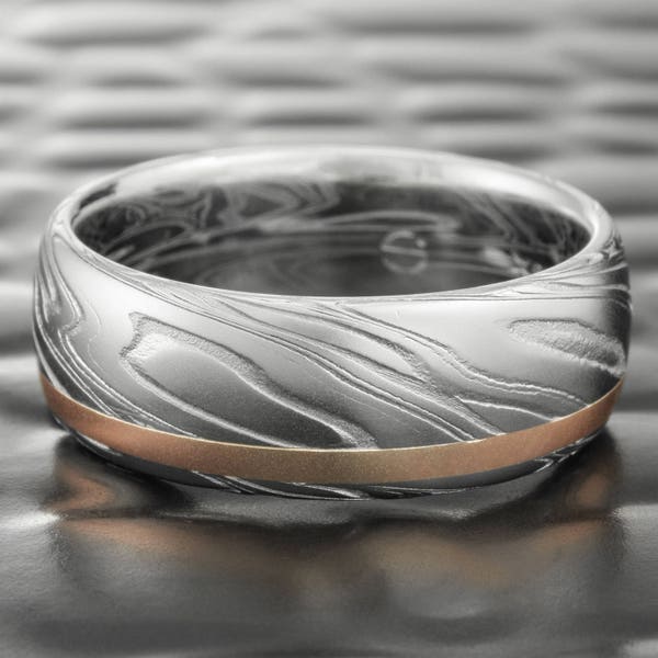 Domed Women's Damascus Steel Band with Offset 14K Rose Gold Inlay. Graceful and Feminine Mokume Gane Handmade Ring  |  SWIRLING CURRENT