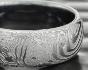 Damascus Steel and Tantalum Wedding Band - Masculine Handmade Domed Ring - Natural Ring with Flowing Water Pattern |  TIDEPOOLS