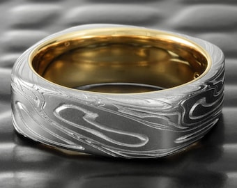 Damascus Steel Square Ring Men's Hand Crafted with 14k Yellow Gold Liner, Gold Square Ring, Modern Ring, Square Band, TWISTED BURL