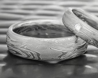 Men&#39;s Damascus Steel Domed Wedding Band. Intricate Swirls and Waves Pattern Damascus  |  TIDEPOOLS