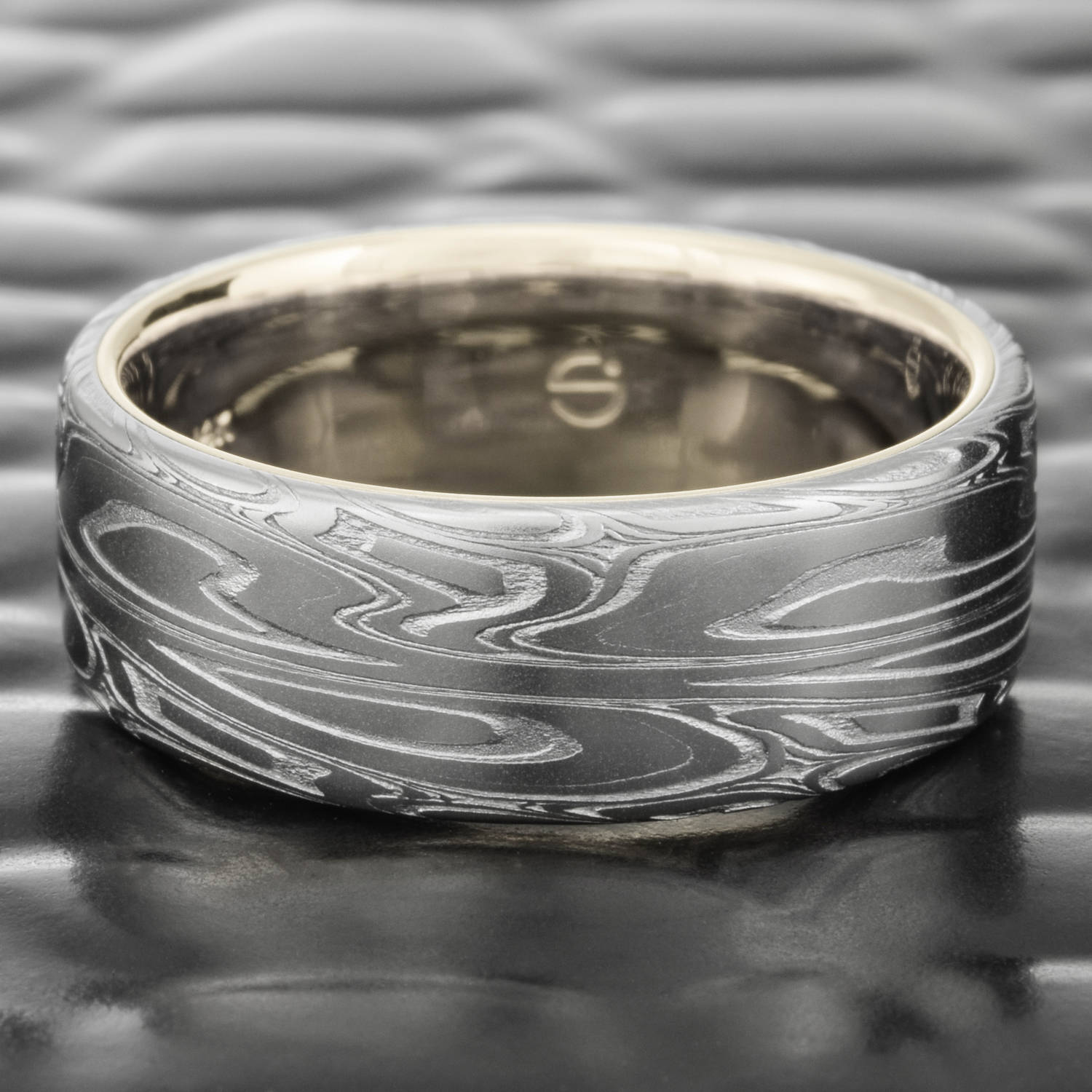 Flat Damascus Steel Ring with Offset 14K Rose Gold Inlay and Oxide Finish