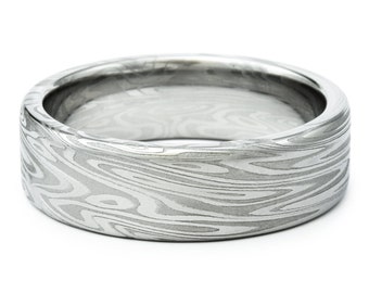 Men&#39;s Damascus Steel Wood Grain Wedding Ring with Comfort Fit Interior. Bold, Hand Forged Design  |  ORGANIC WOOD
