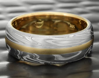 Domed Damascus Steel Ring with 14K Yellow Gold Liner & Inlay. Unique Hand Crafted Ring  |  SWIRLING CURRENT