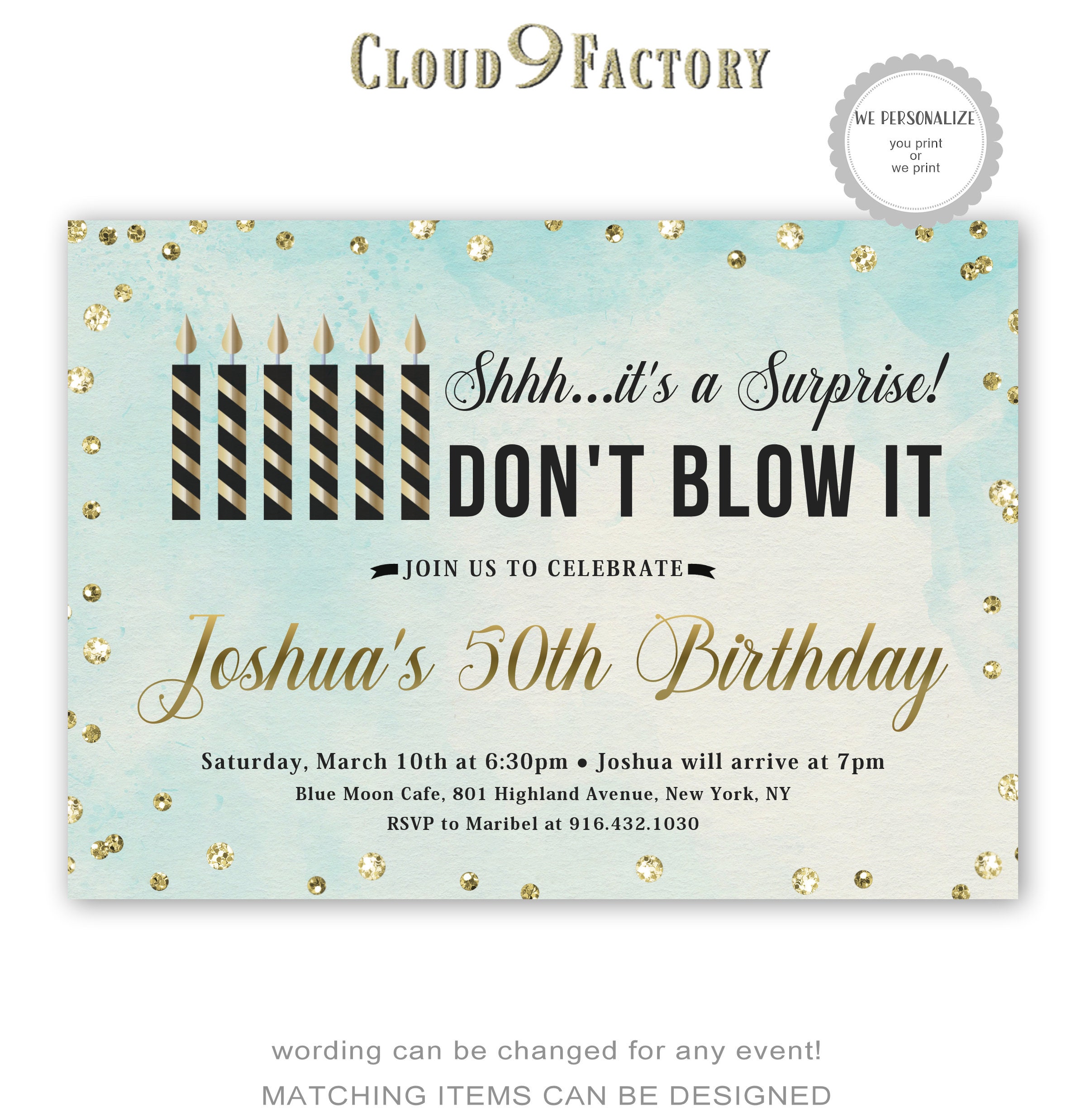 blue surprise birthday invitations, surprise party invites, surprise 11th  birthday, men, women, ANY AGE, printable or printed, black, gold