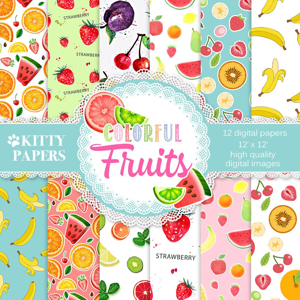 Fruit digital paper : Colorful Fruits fruits | Etsy
