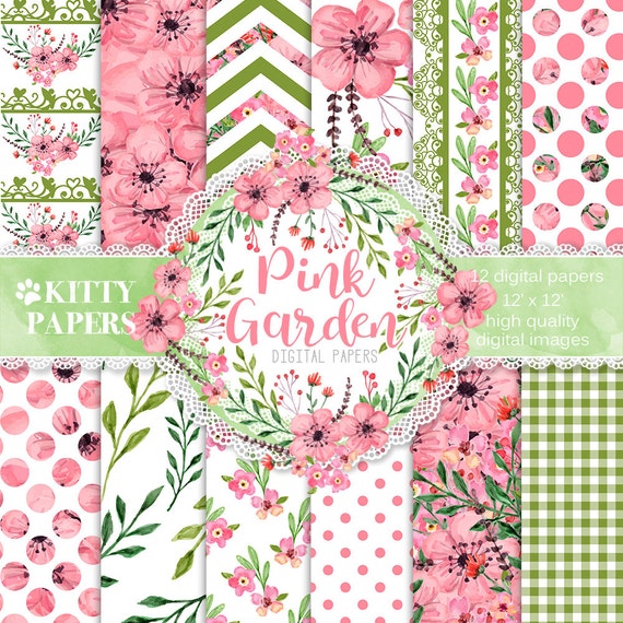 floral digital paper pink garden flower etsy flower digital paper
