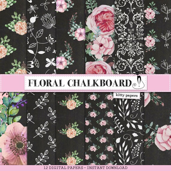 Chalkboard digital paper Floral Chalkboard pink Etsy
