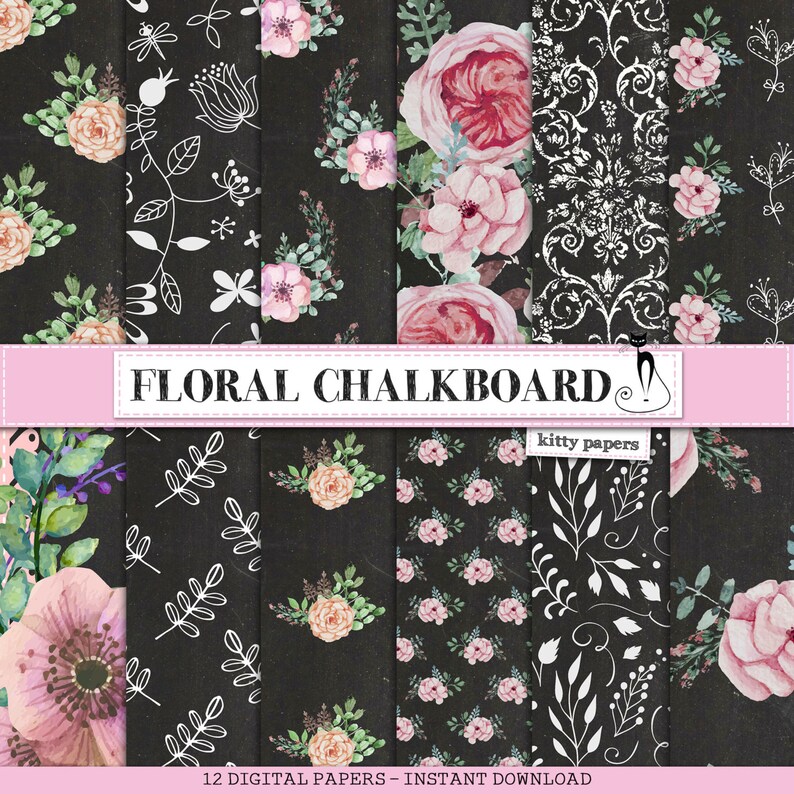 Chalkboard digital paper : Floral Chalkboard pink | Etsy