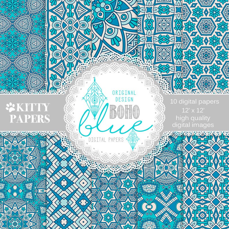 Boho digital paper : Boho Blue bohemian digital | Etsy