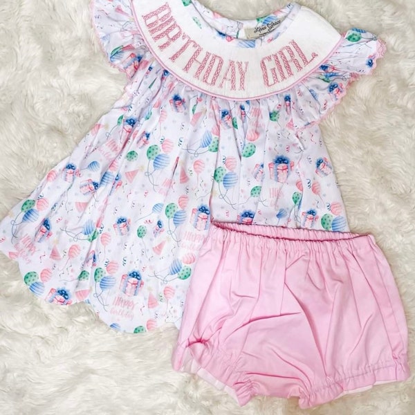 Smocked Birthday Girl Bubble or shorts set