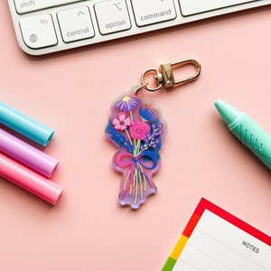 Bi Pride Flag Floral Acrylic Keychain | Subtle Bisexual Pride Flag Holo Flower Bouquet | LGBTQIA Pride Flag Keychain | Closet Safe Pride