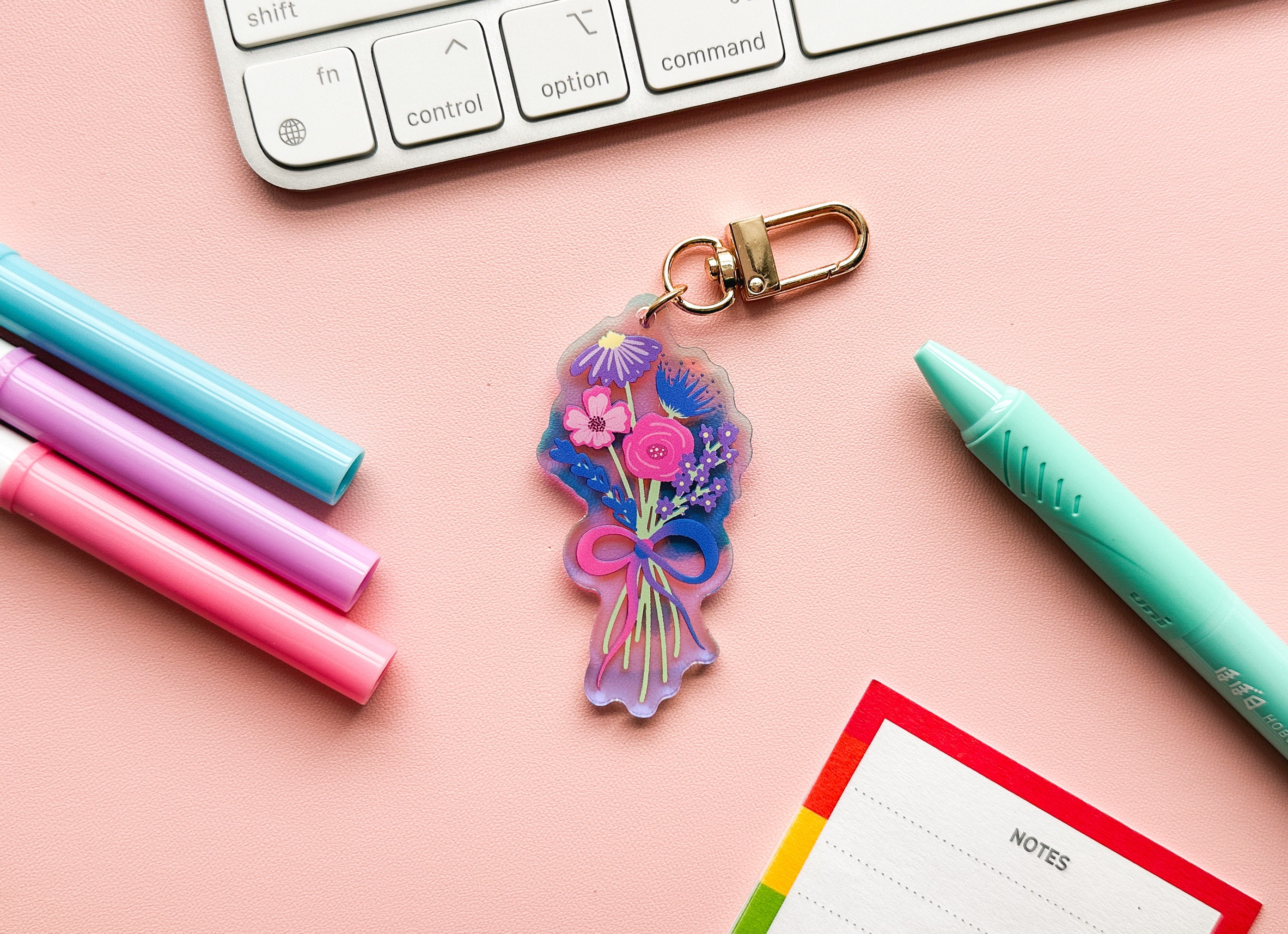 Bi Pride Flag Floral Acrylic Keychain | Subtle Bisexual Pride Flag Holo Flower Bouquet | LGBTQIA Pride Flag Keychain | Closet Safe Pride
