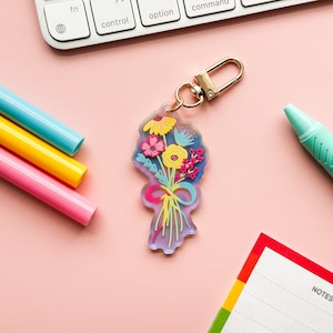 Pan Pride Flag Floral Acrylic Keychain | Pansexual Subtle Pride Flag Holo Bouquet | LGBTQIA Subtle Pride Flag Keychain | Closet Safe Pride