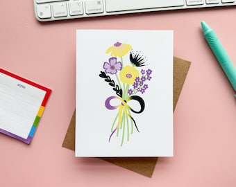 Cartão de nota floral com bandeira do orgulho não binário | Cartão de saudação floral com bandeira do orgulho não binário sutil | Cartão de bandeira do orgulho sutil LGBTQIA