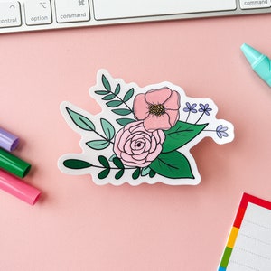 art floral de bouquet de fleurs autocollant découpé | Sticker de dessin au trait bouquet floral réaliste | Sticker pivoine fleur de pavot