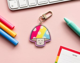 Pan Pride Flag Mushroom Acrylic Keychain | Subtle Cute Pansexual Pride Flag Mushie | LGBTQIA Kawaii Pride Flag Keychain