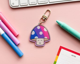 Bi Pride Flag Mushroom Acrylic Keychain | Subtle Cute Bisexual Pride Flag Mushie | LGBTQIA Kawaii Pride Flag Keychain