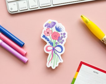 Pegatina floral con la bandera del orgullo bisexual: un sutil ramo de flores bisexuales
