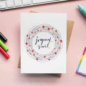Joyeux Noël Floral Wreath Holiday Notecard | Wesołych Świąt Bożego Narodzenia French Greeting Card | Francuska kartka świąteczna | Kartka świąteczna