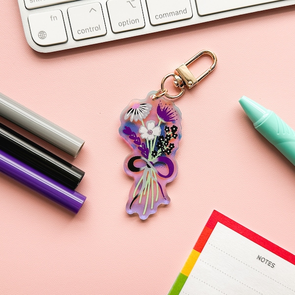 Asexual Pride Flag Floral Bouquet Acrylic Keychain | Subtle Ace Demisexual Pride Holo Flower Bouquet | LGBTQIA Subtle Pride Flag Keychain