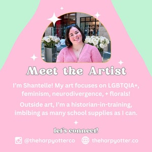 May include: A pink and green graphic with a woman in a pink sweater standing in front of a floral arrangement. The text reads "Meet the Artist" and includes the artist's name, a description of their art, and social media handles.