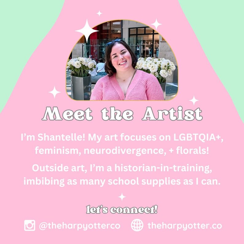 May include: A pink and green graphic with a woman in a pink sweater standing in front of a floral arrangement. The text reads "Meet the Artist" and includes the artist's name, a description of their art, and social media handles.