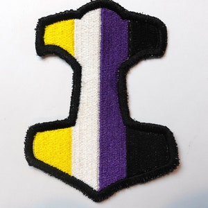 Non Binary Pride Thor&#39;s Hammer Mjolnir Sew on Embroidered Patch