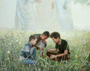 May include: Three boys are kneeling in a field of tall grass, looking down at something.  Behind them, three figures in white robes appear to be descending from the clouds.