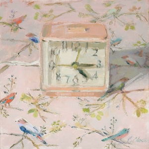 May include: A pink alarm clock with a white face and black hands sits on a pink background with a floral pattern.  The clock is surrounded by small blue and red birds.
