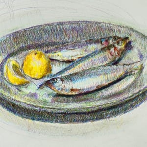 Original Signed Colored Pencil Drawing Still Life Fish Platter, Drawing From Life, Impressionist Still Life Drawing 15”x 12”