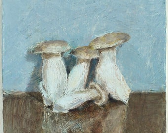 Original Oil on Panel Mushroom Still Life Painting Signed and In White Deep Wood Floater Frame